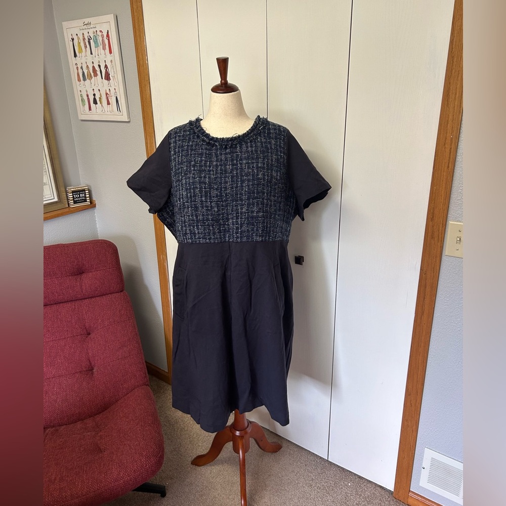 Navy Mini Dress with Tweed Detail - Lands End 26W